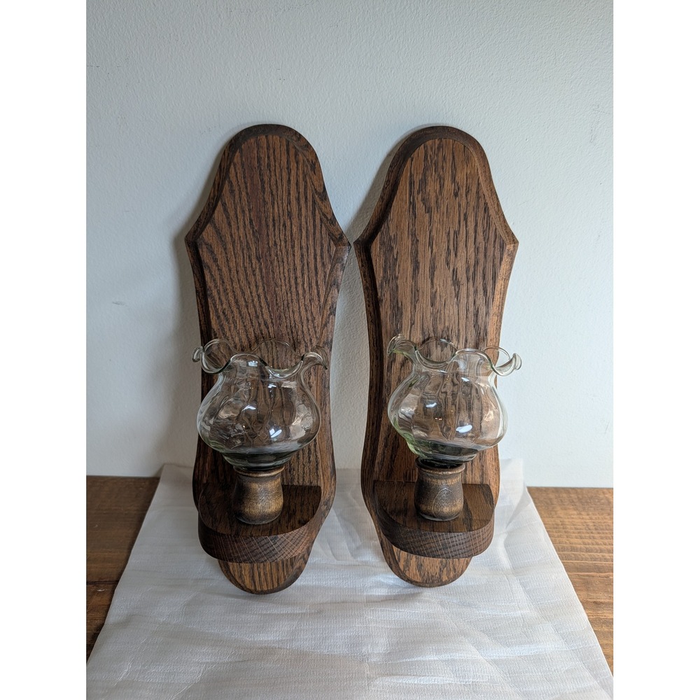 Vintage L. Sylvia Handcrafted Oak Wood Wall Sconces Ruffled Glass Shades Set
